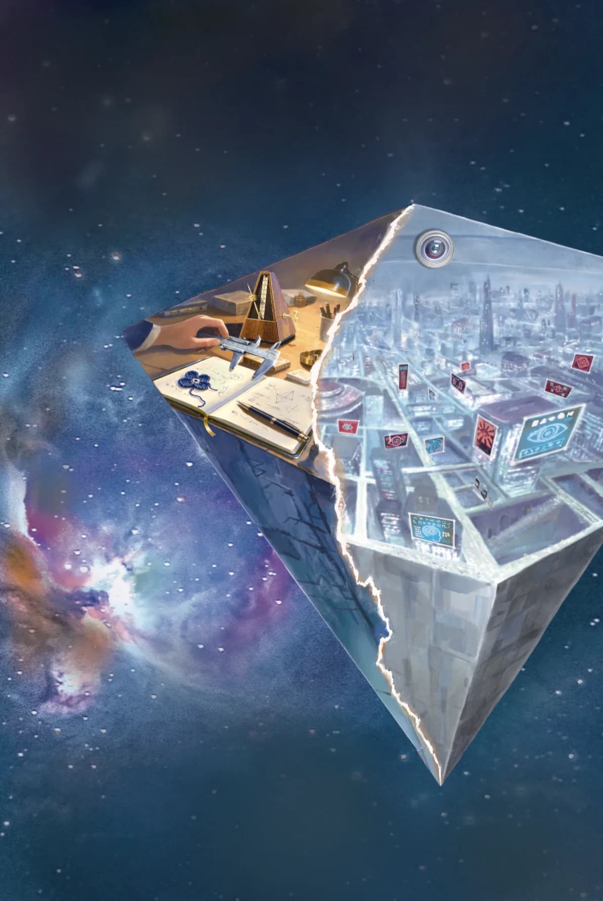 A diamond-shaped vessel drifting through space, split between a writer’s desk and a city of glowing surveillance screens